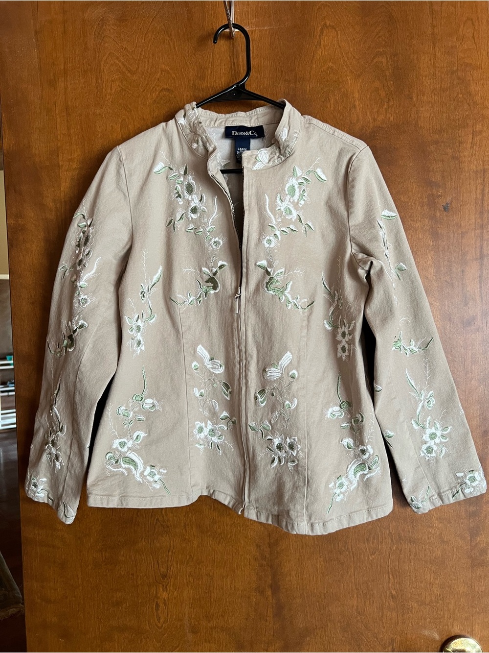 Denim&Co Taupe Embroidered Stand-Collar Jean Jacket